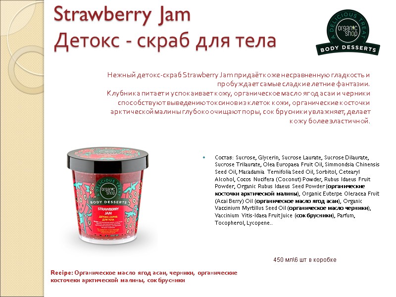 Strawberry Jam Детокс - скраб для тела Состав: Sucrose, Glycerin, Sucrose Laurate, Sucrose Dilaurate,